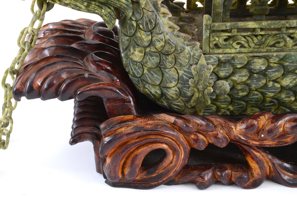 Large Carved Serpentine Stone Chinese Dragon Ship