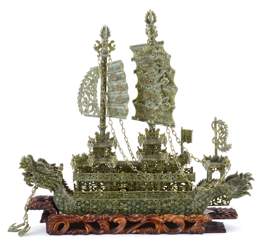 Large Carved Serpentine Stone Chinese Dragon Ship