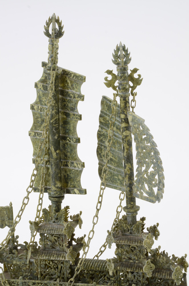 Large Carved Serpentine Stone Chinese Dragon Ship