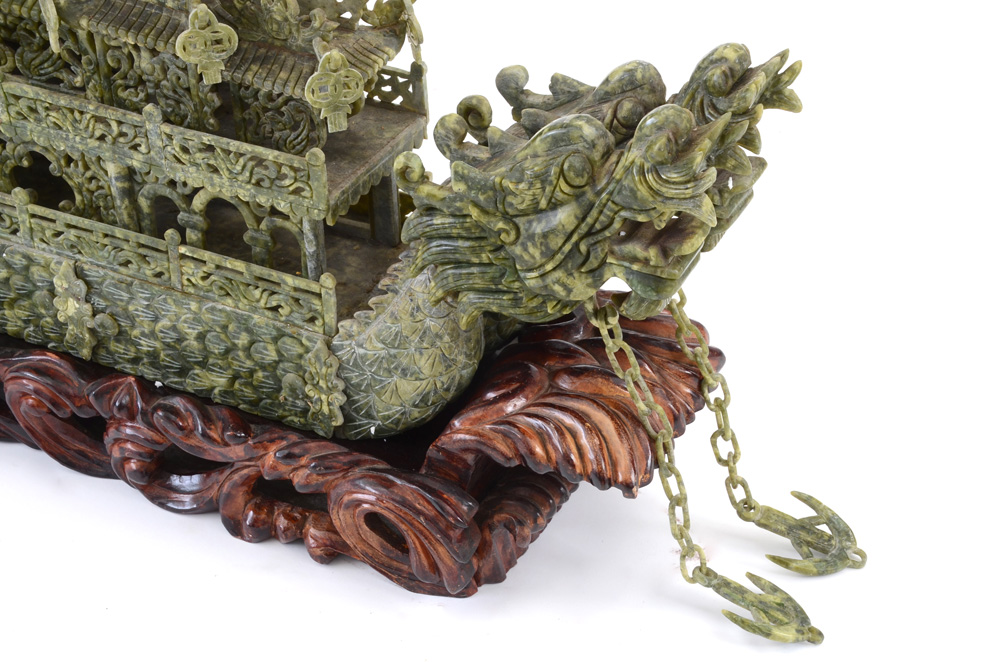 Large Carved Serpentine Stone Chinese Dragon Ship