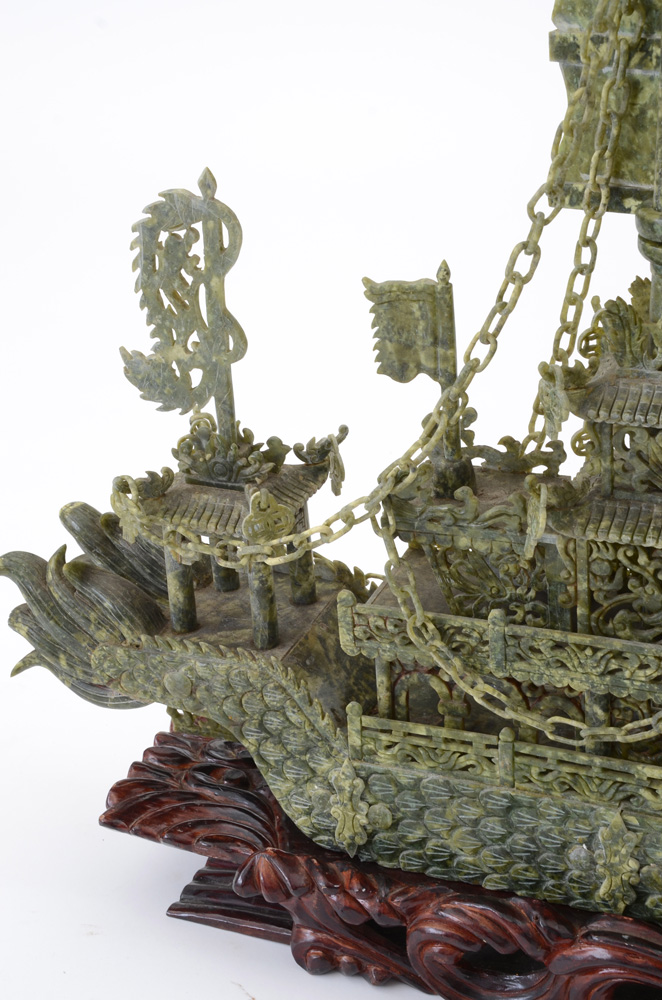 Large Carved Serpentine Stone Chinese Dragon Ship