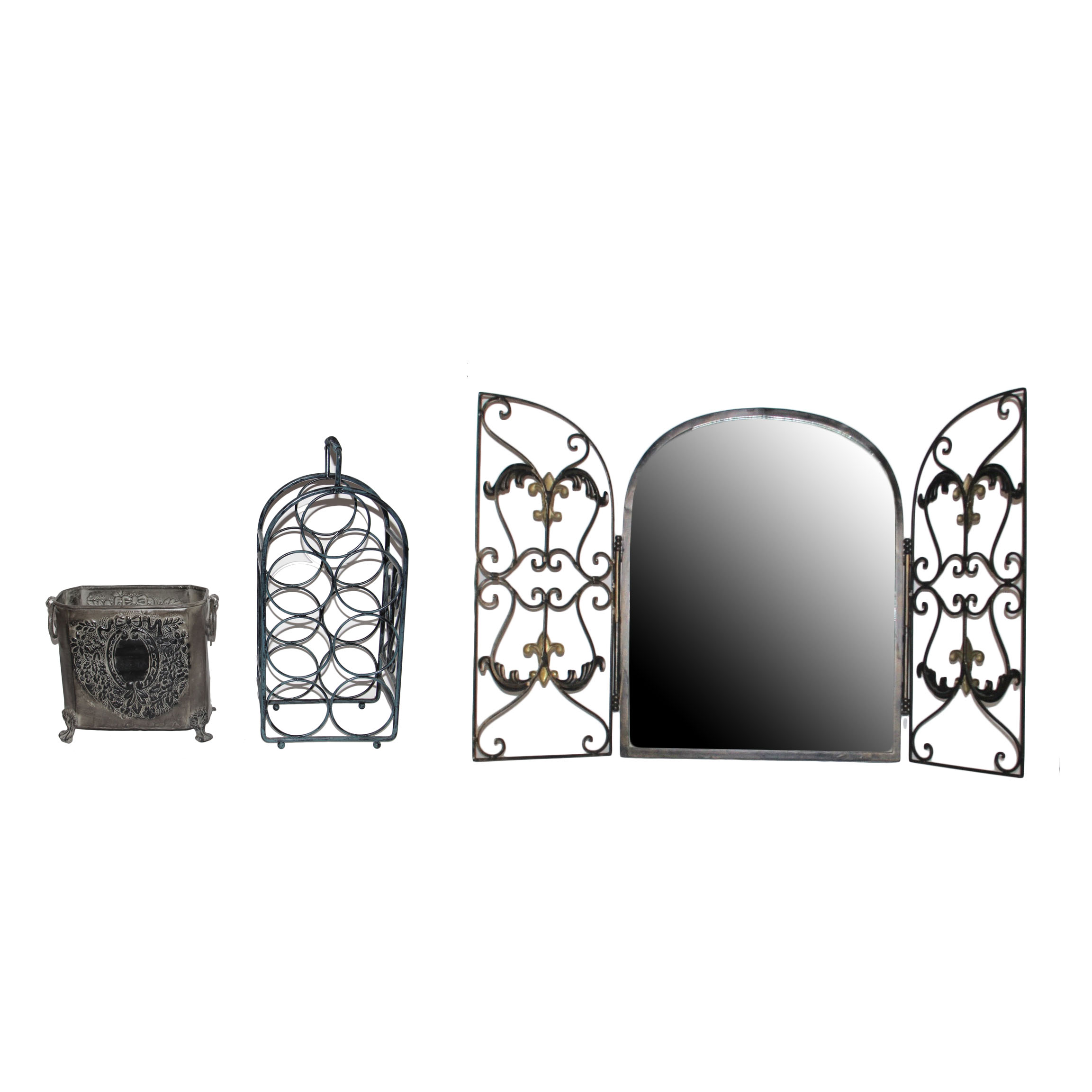 Metal Decor Including Wine Rack and Iron Encased Mirror