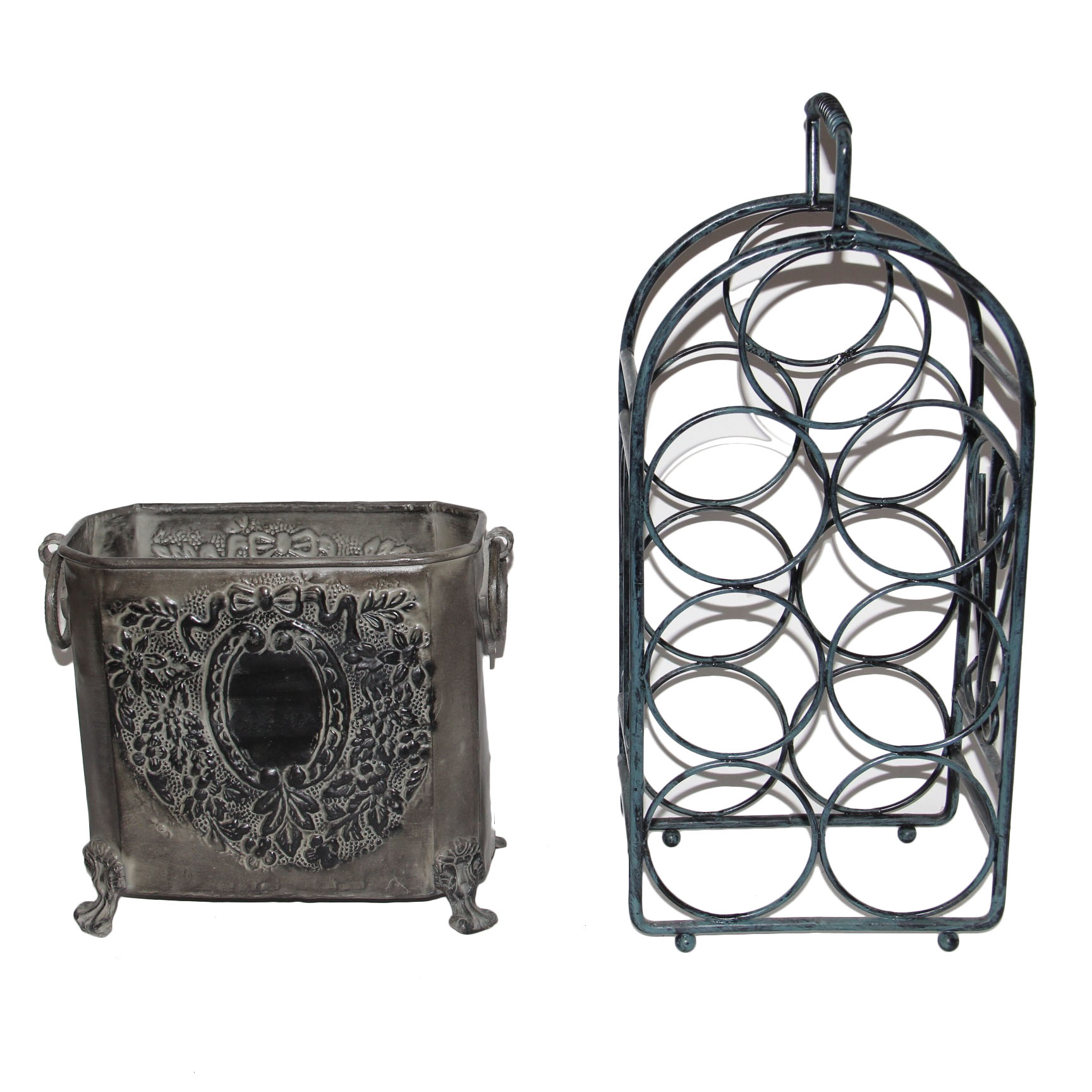 Metal Decor Including Wine Rack and Iron Encased Mirror