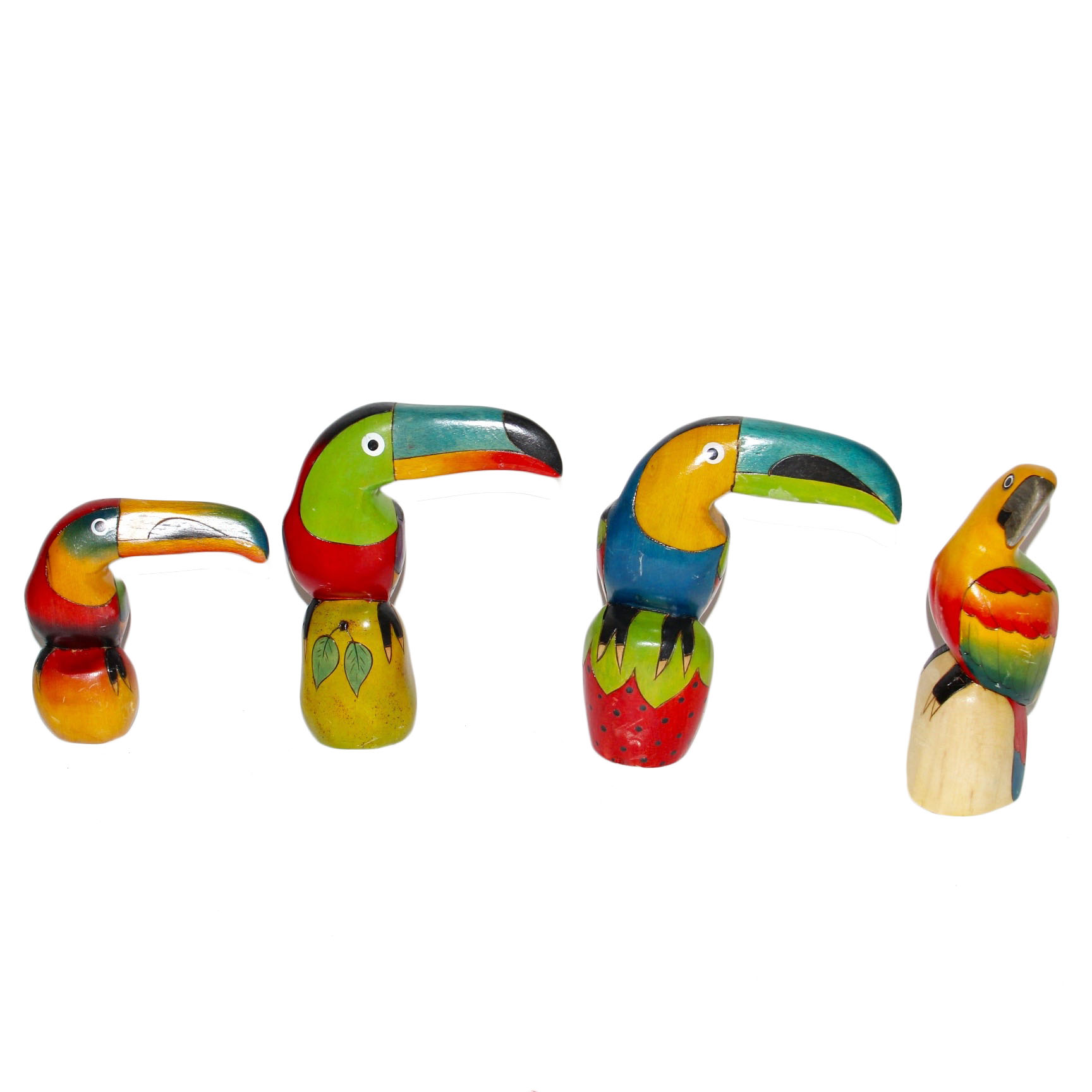 Hand Painted Wooden Toucans and Parakeet