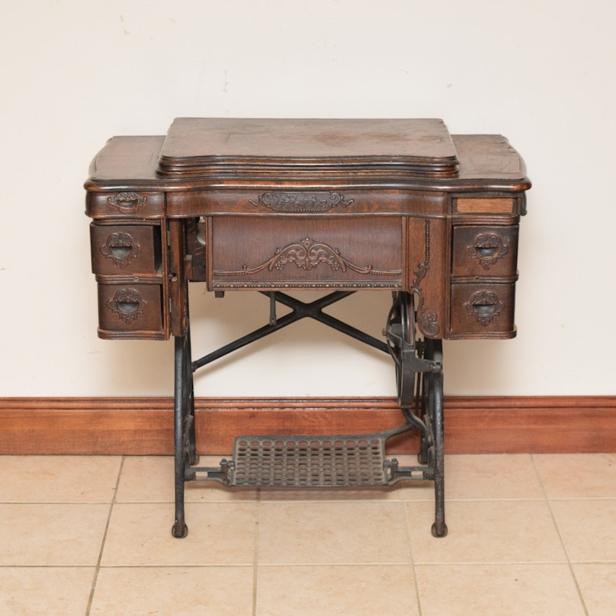 Antique White Rotary Sewing Machine in Quarter Sawn Oak Cabinet with Wrought Iron Base