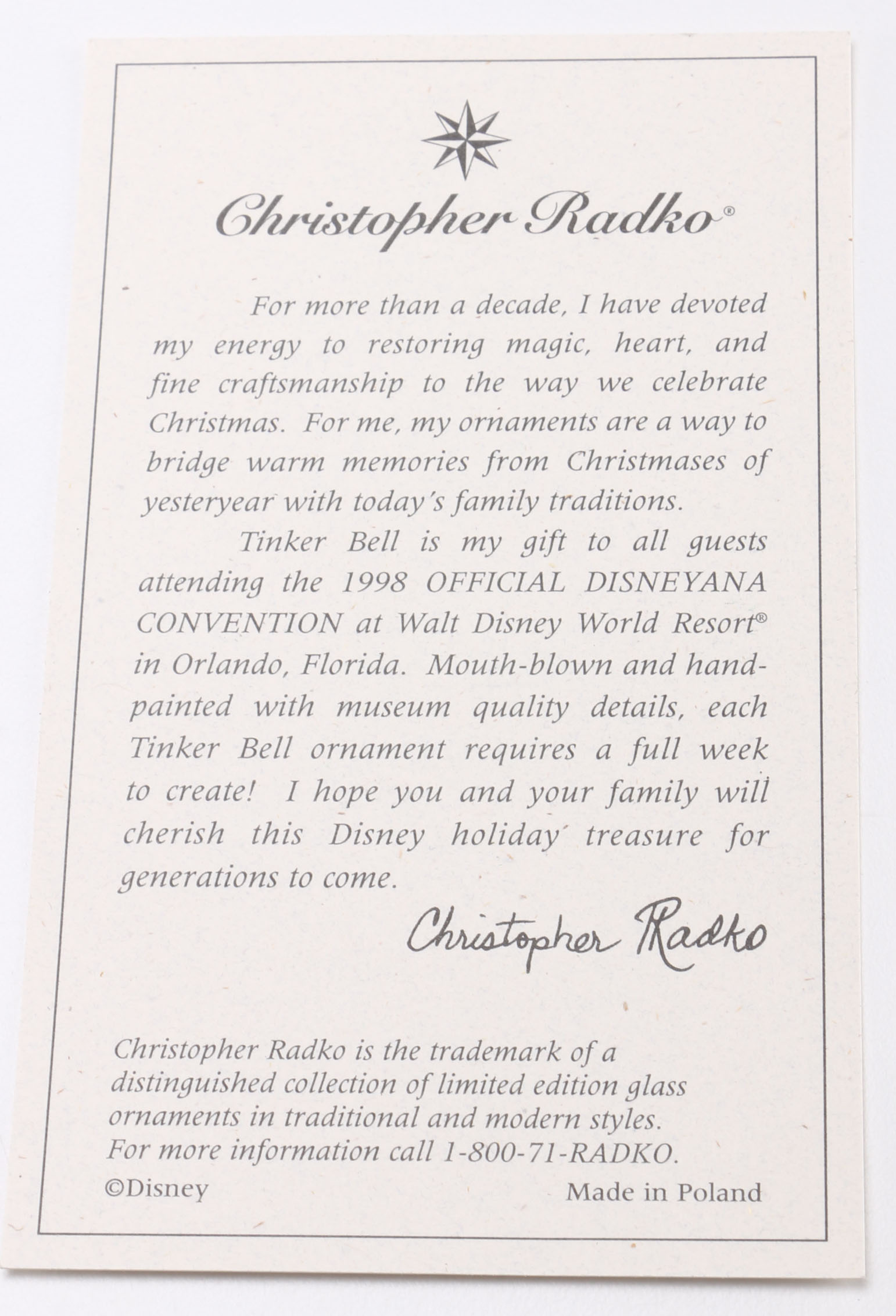 1996 Christopher Radko Disney's "Tinker Bell" Blown Glass Ornament
