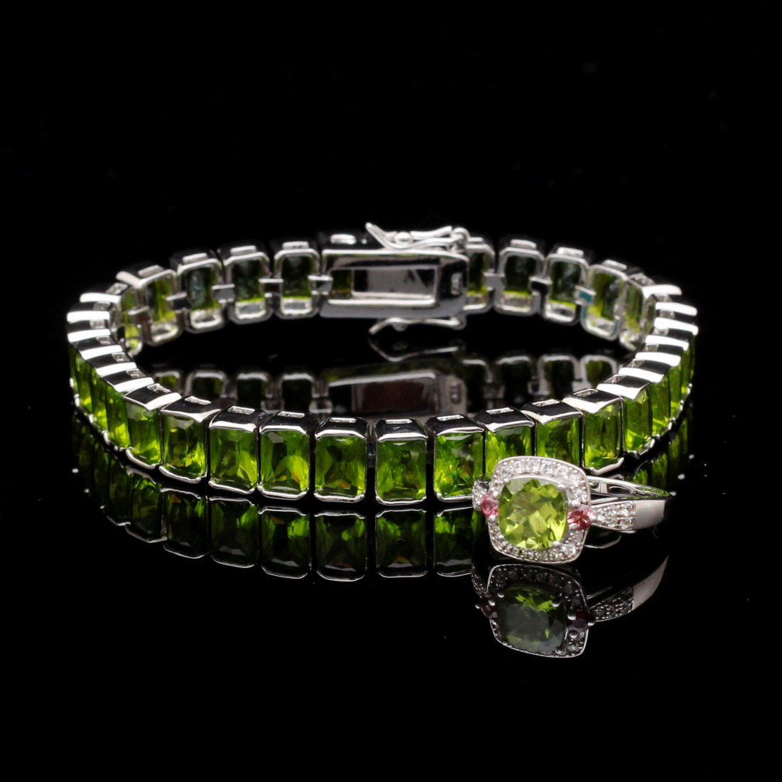 Sterling Silver Cubic Zirconia Ring and Green Gemstone Bracelet