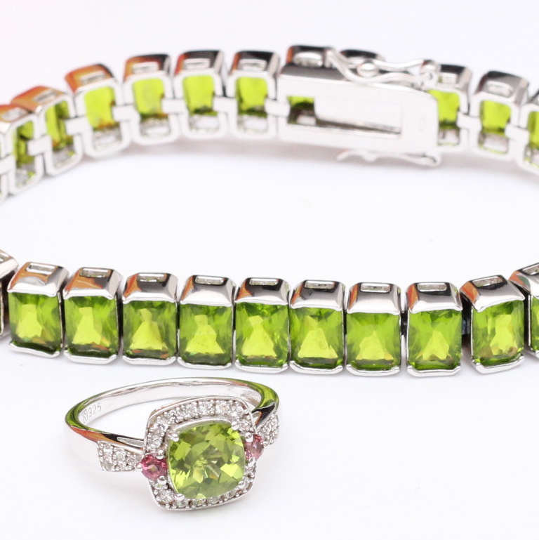 Sterling Silver Cubic Zirconia Ring and Green Gemstone Bracelet