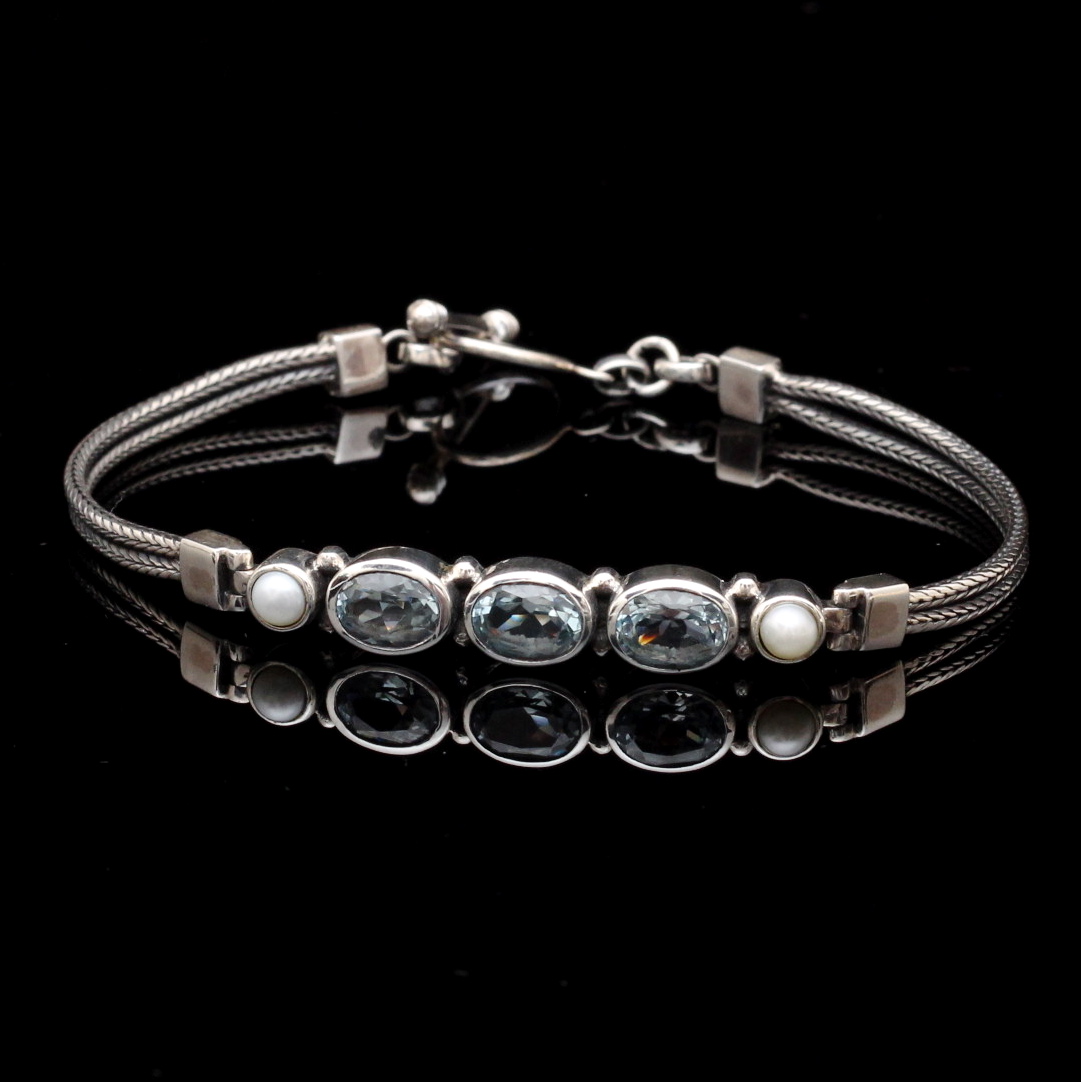 Sterling Silver Blue Topaz and Pearl Bracelet