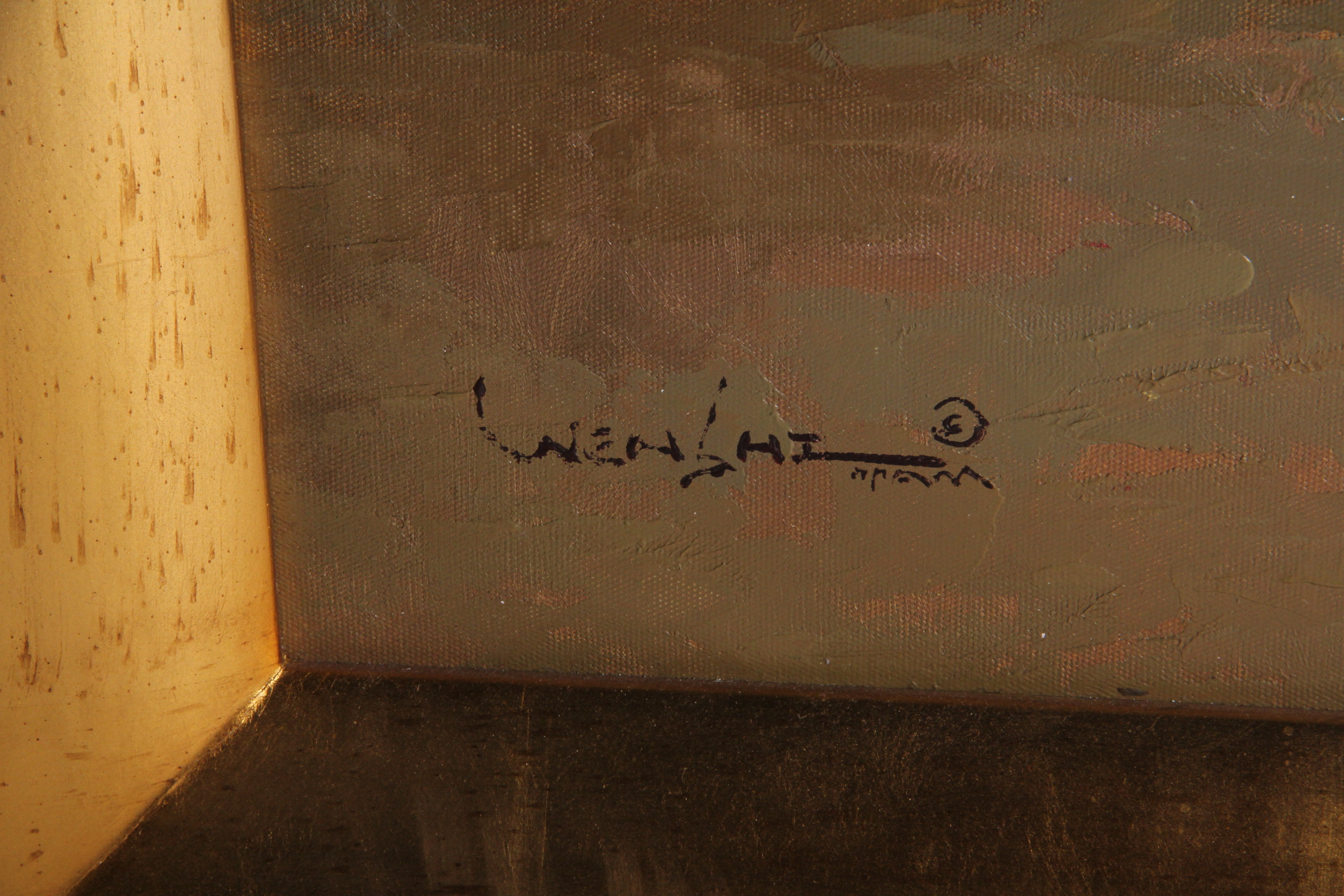 Wen Shi Signed Oil Painting on Canvas Street Scene