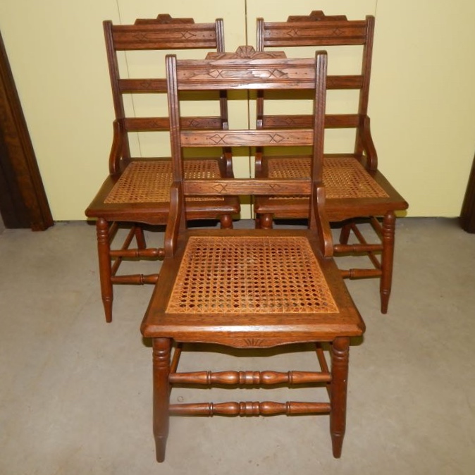 Six Eastlake Victorian Carved Cane Seat Chairs
