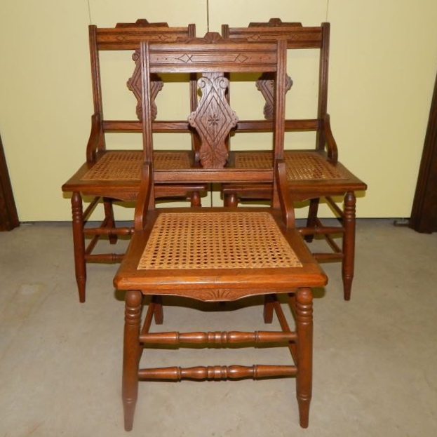 Six Eastlake Victorian Carved Cane Seat Chairs