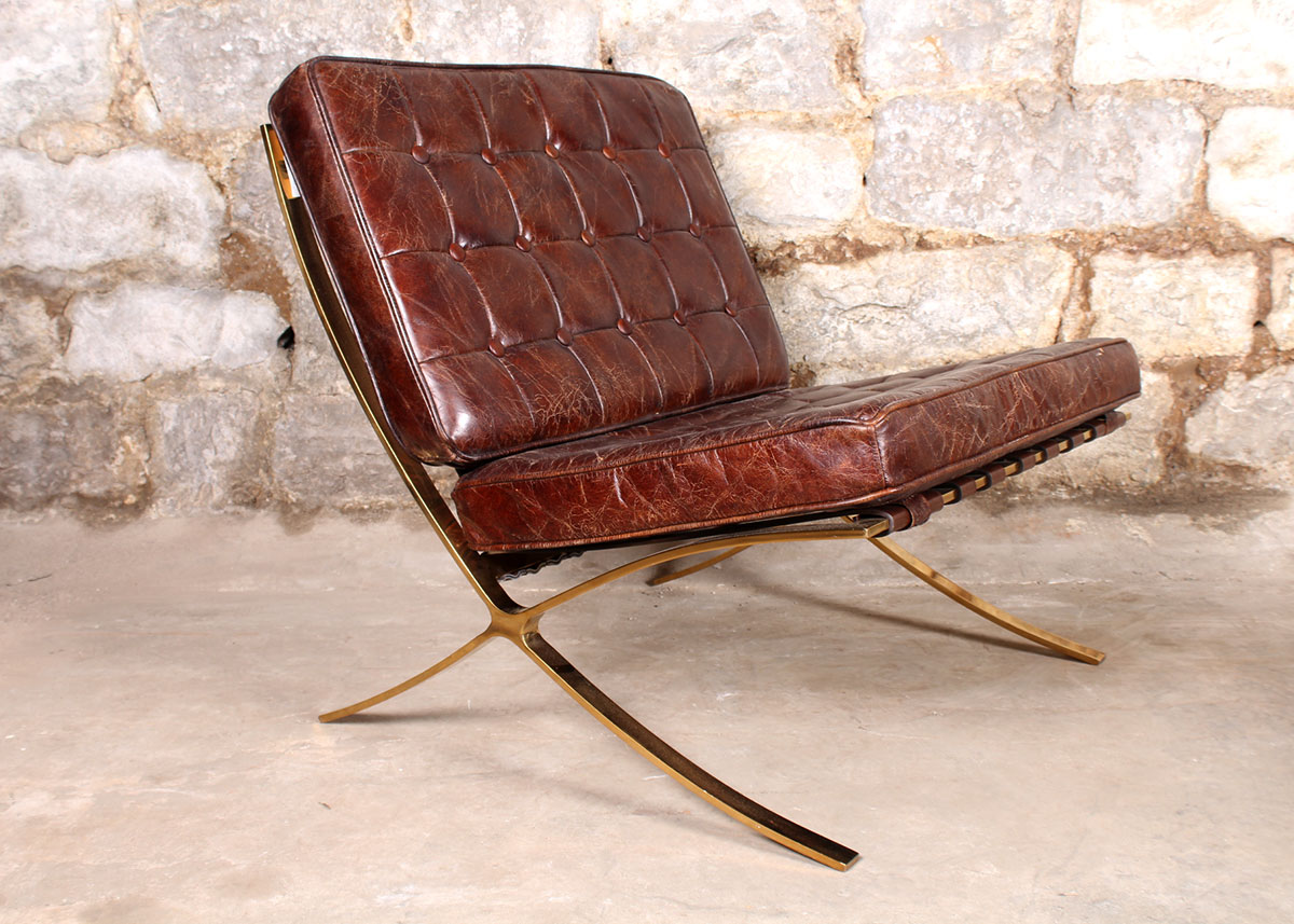 Leather Barcelona Style Armchair with Ottoman