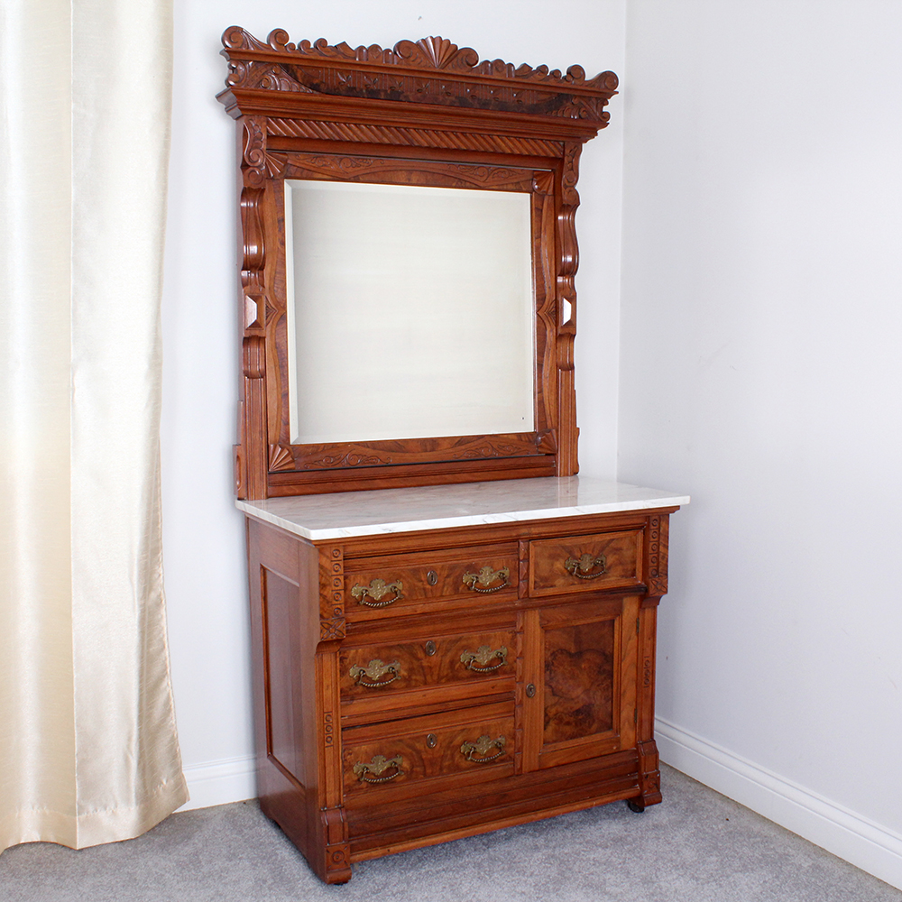 Vintage Marble Top Carved Chest of Drawers with Tilting Vanity