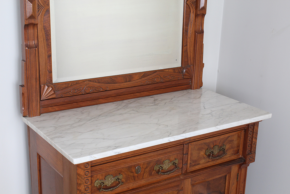 Vintage Marble Top Carved Chest of Drawers with Tilting Vanity