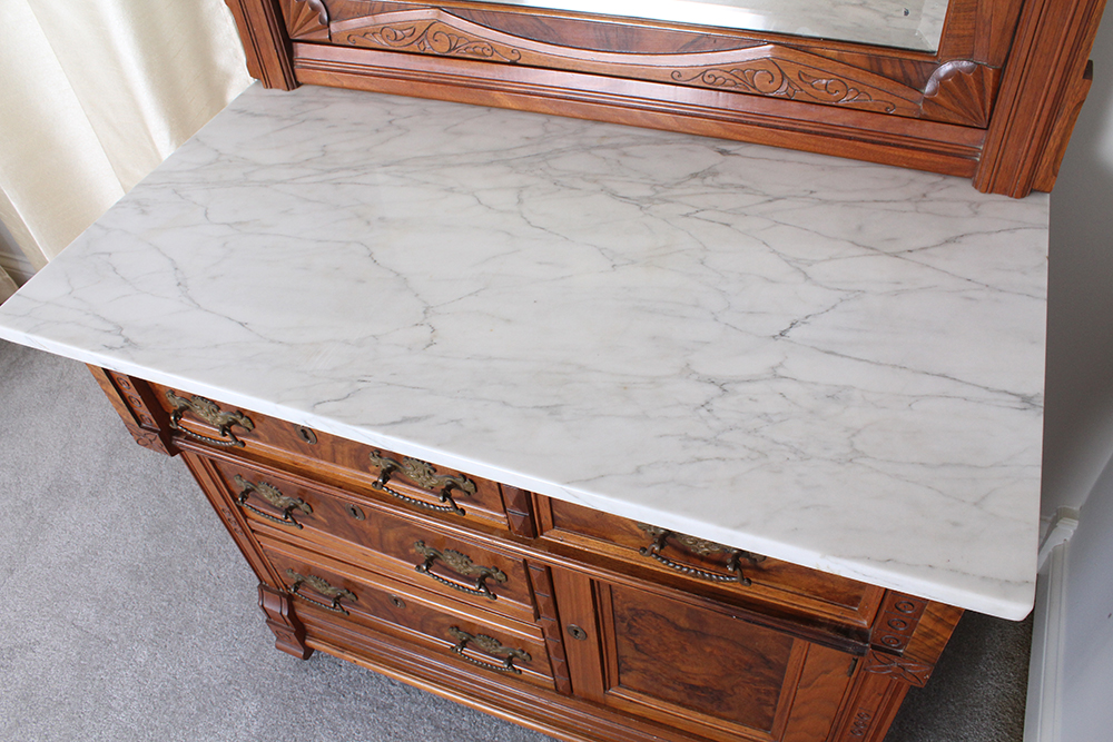 Vintage Marble Top Carved Chest of Drawers with Tilting Vanity