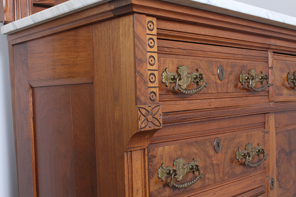 Vintage Marble Top Carved Chest of Drawers with Tilting Vanity