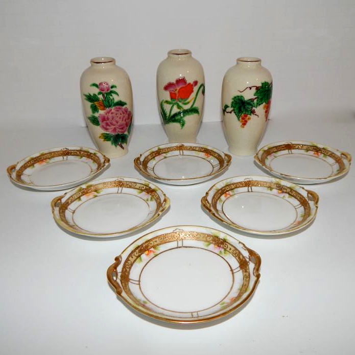 Nippon Porcelain Salt Cellars and Three Homco Bud Vases