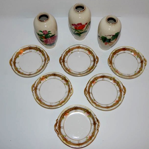 Nippon Porcelain Salt Cellars and Three Homco Bud Vases