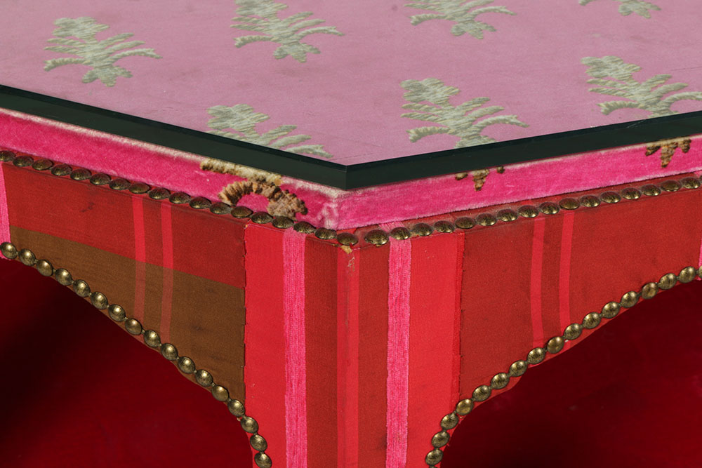 Moroccan Style Fabric Covered Coffee Table with Glass Top