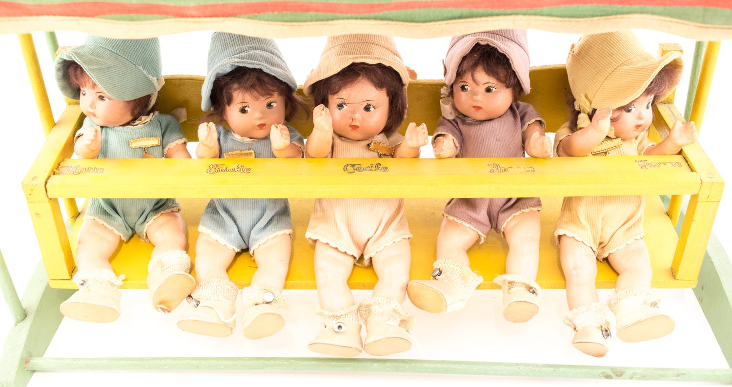 Vintage Madame Alexander Dionne Quintuplet Composition Dolls in Fabric Covered Swing