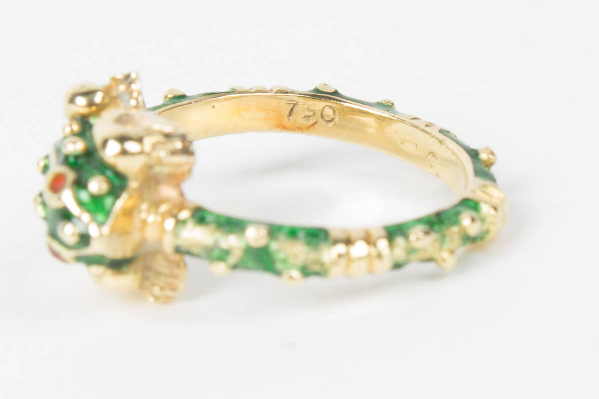 18 Karat Yellow Gold and Enamel Frog Ring