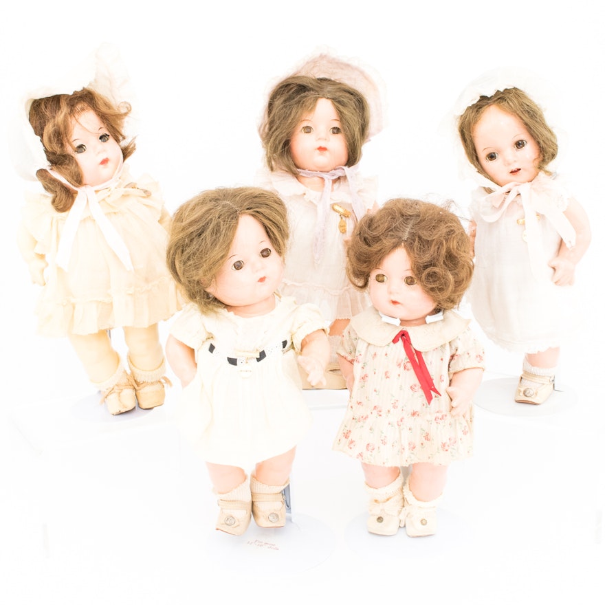 Adorable Collection of Five Vintage Madame Alexander Dionne Quintuplet Dolls