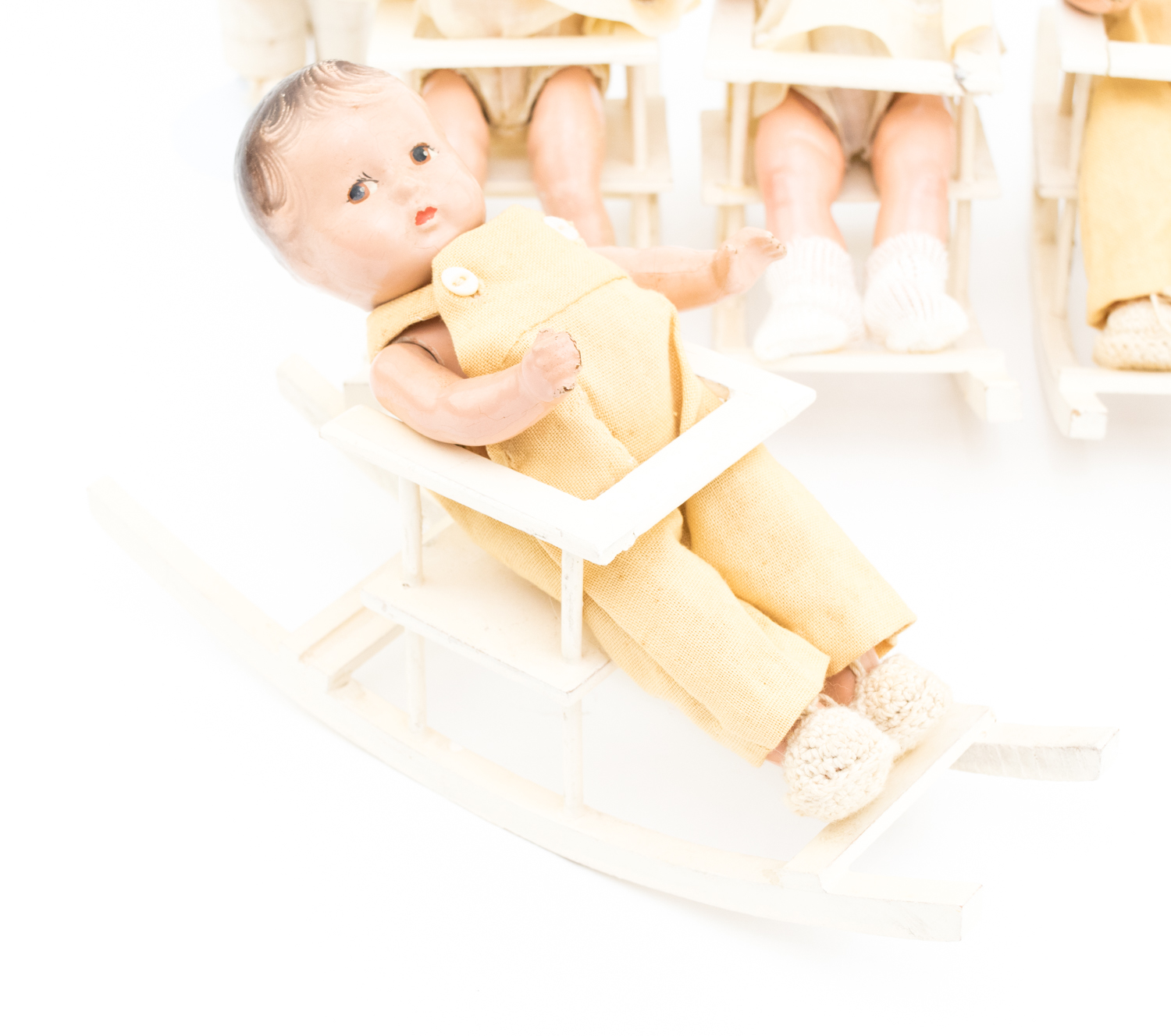 1930s Madame Alexander Dionne Quints Composition Dolls and Dr. Dafoe Doll with Five Wooden Rockers