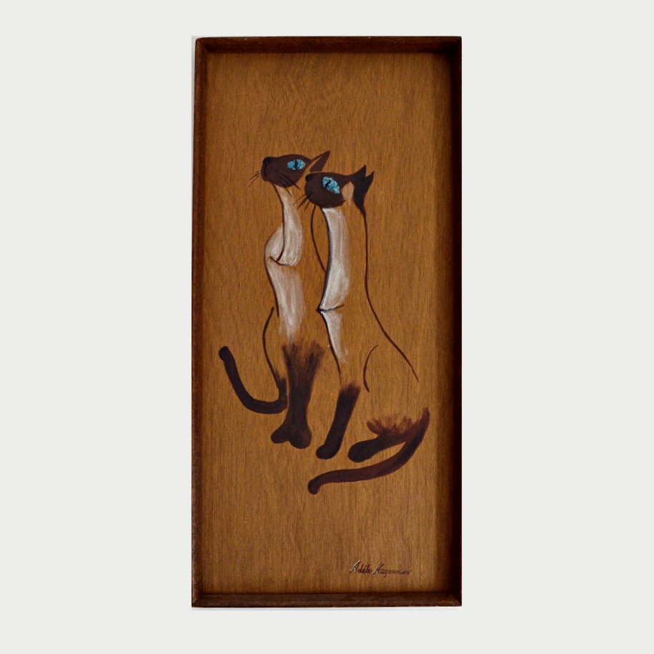 Signed Mid Century Siamese Cat Painting on Wood