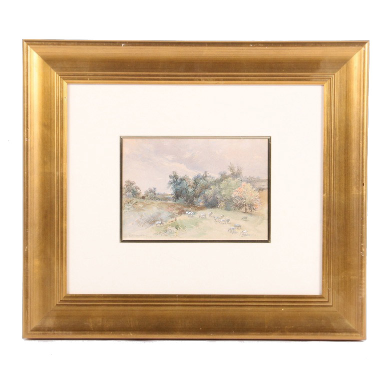 Henry W. Herrick Watercolor "Pastoral Scene with Cows Grazing"