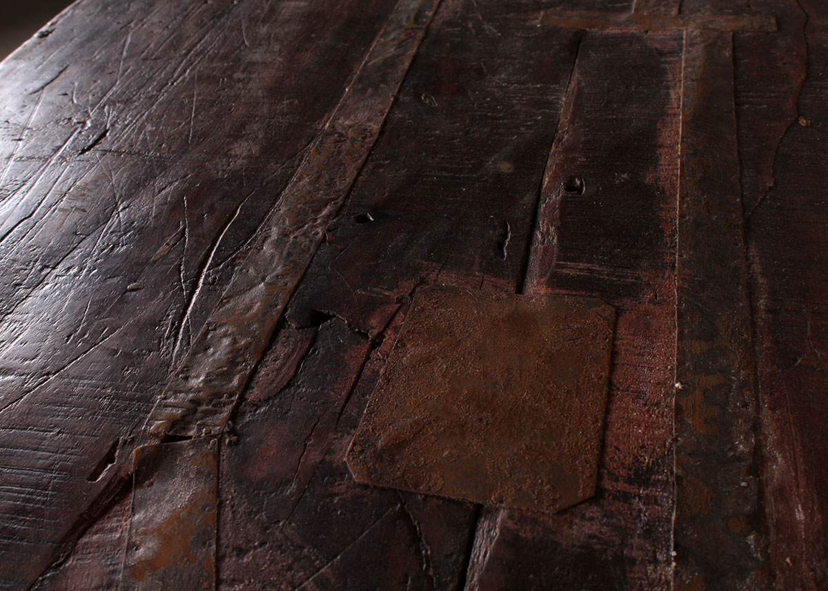 Reclaimed Wood Paneled Dining Table with Metal Strapping