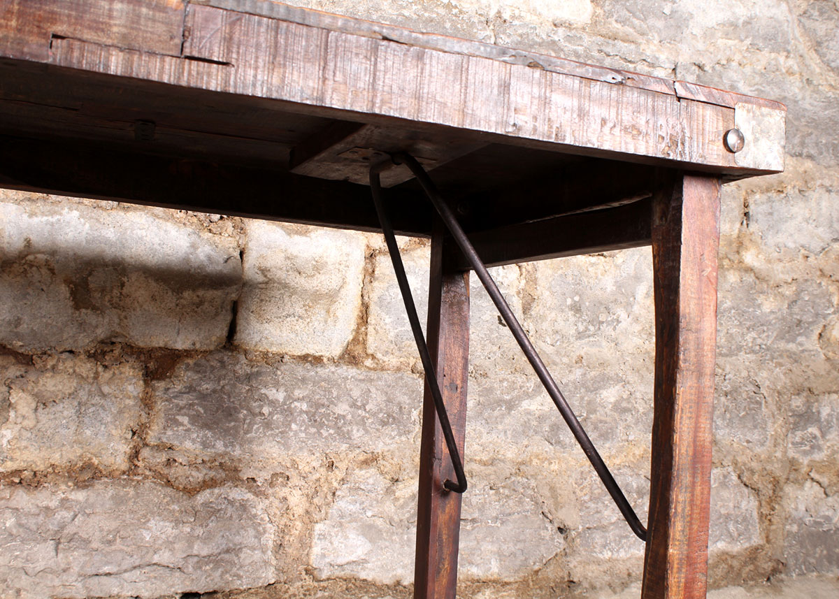 Reclaimed Wood Paneled Dining Table with Metal Strapping