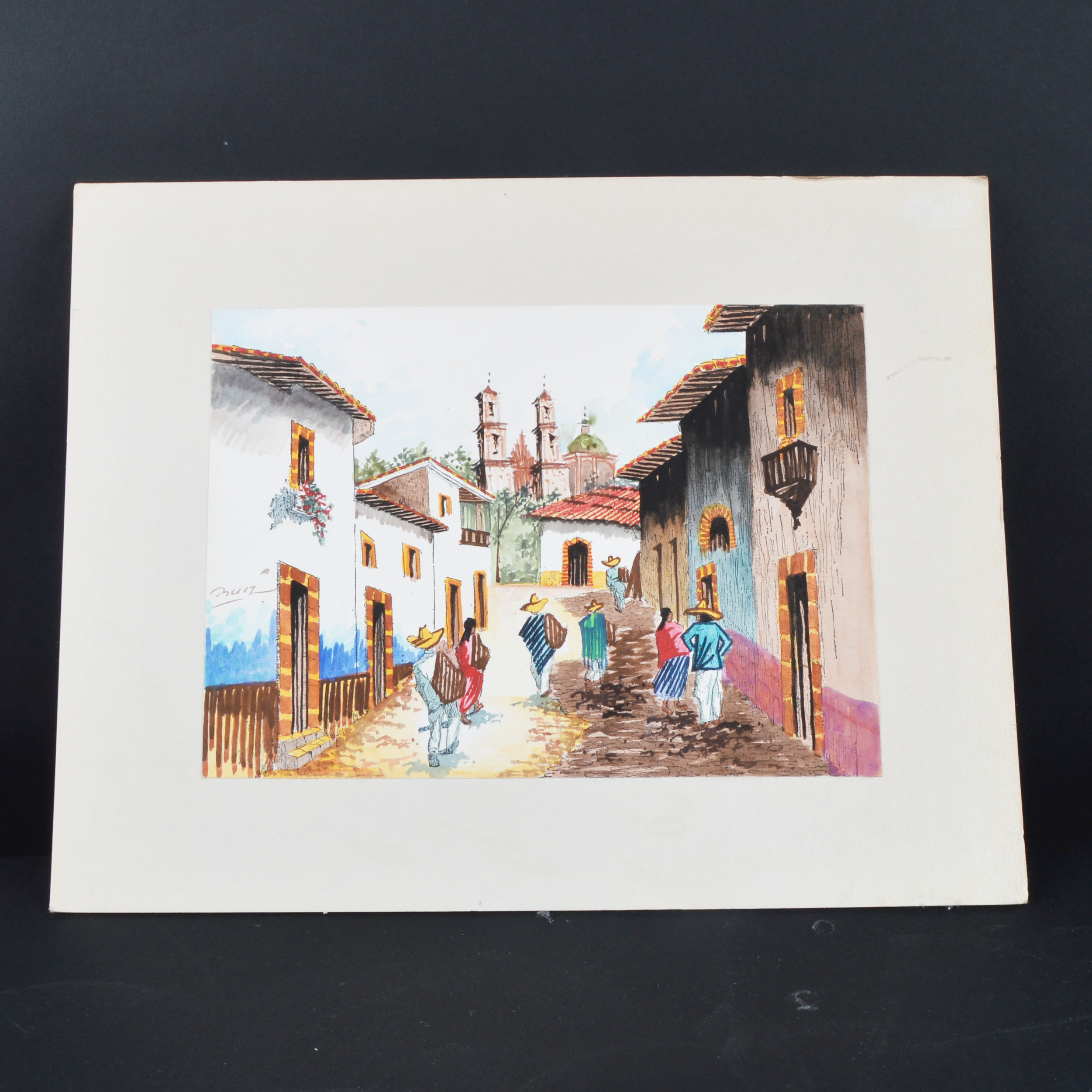 Original Watercolor Depicting a Mexican Village