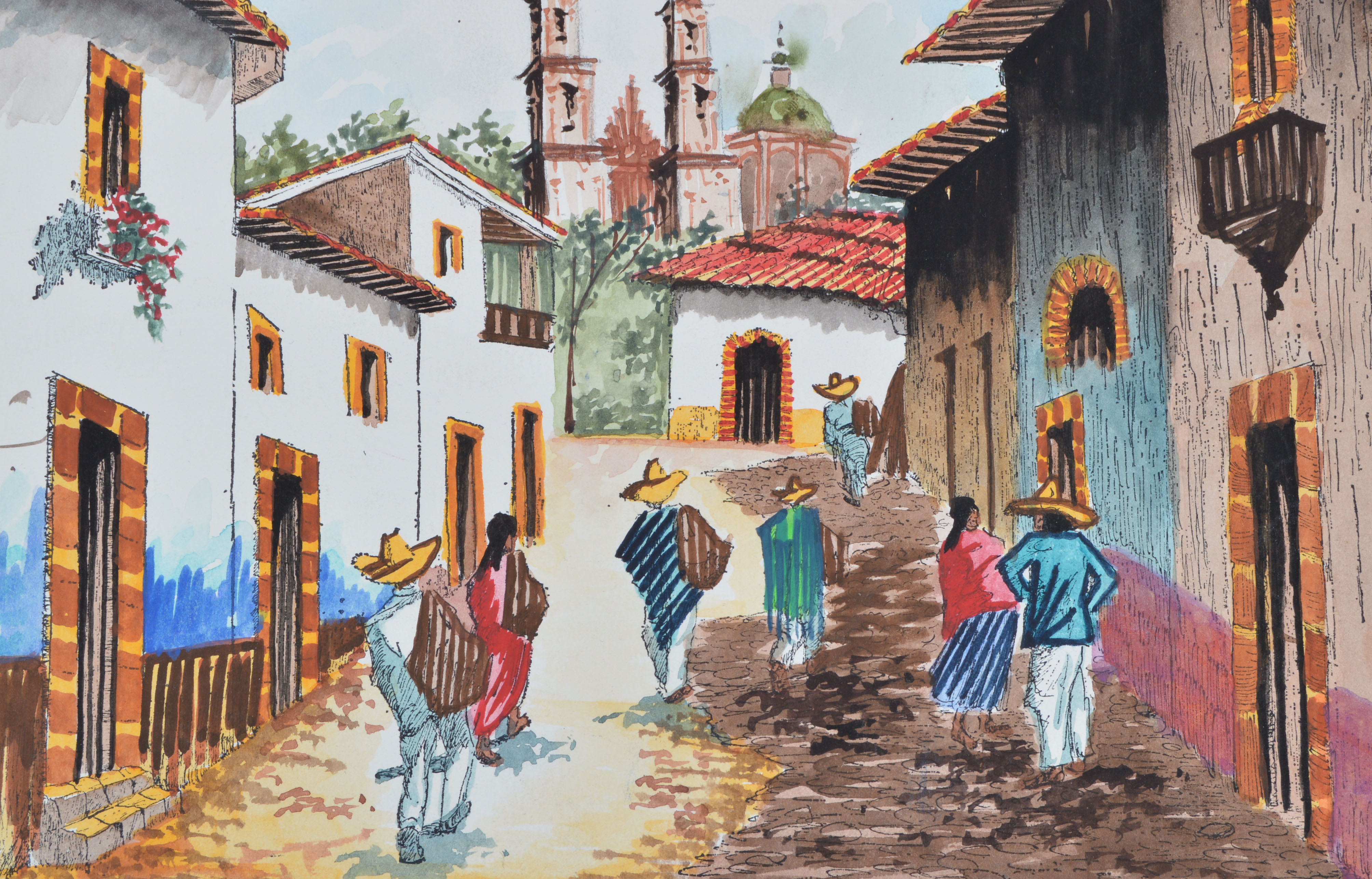Original Watercolor Depicting a Mexican Village