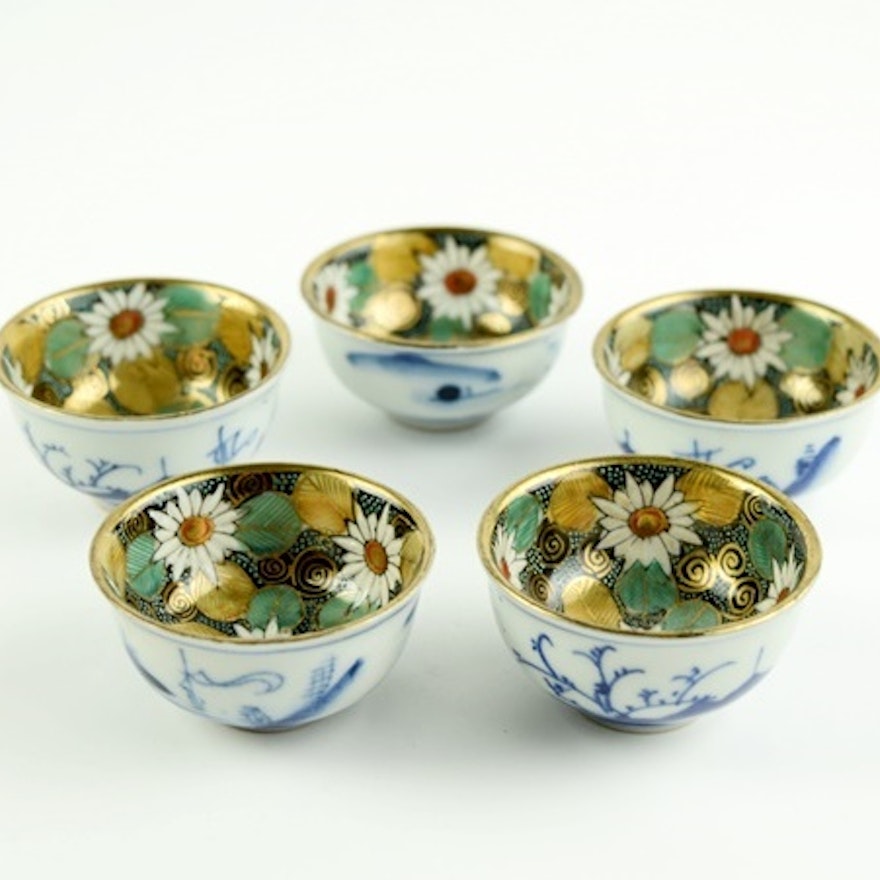 Vintage Japanese Kutani Porcelain Sake Cup Set of Five in Fitted Wooden Box