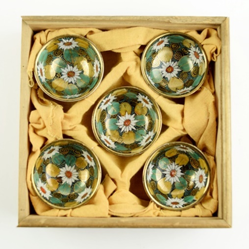 Vintage Japanese Kutani Porcelain Sake Cup Set of Five in Fitted Wooden Box