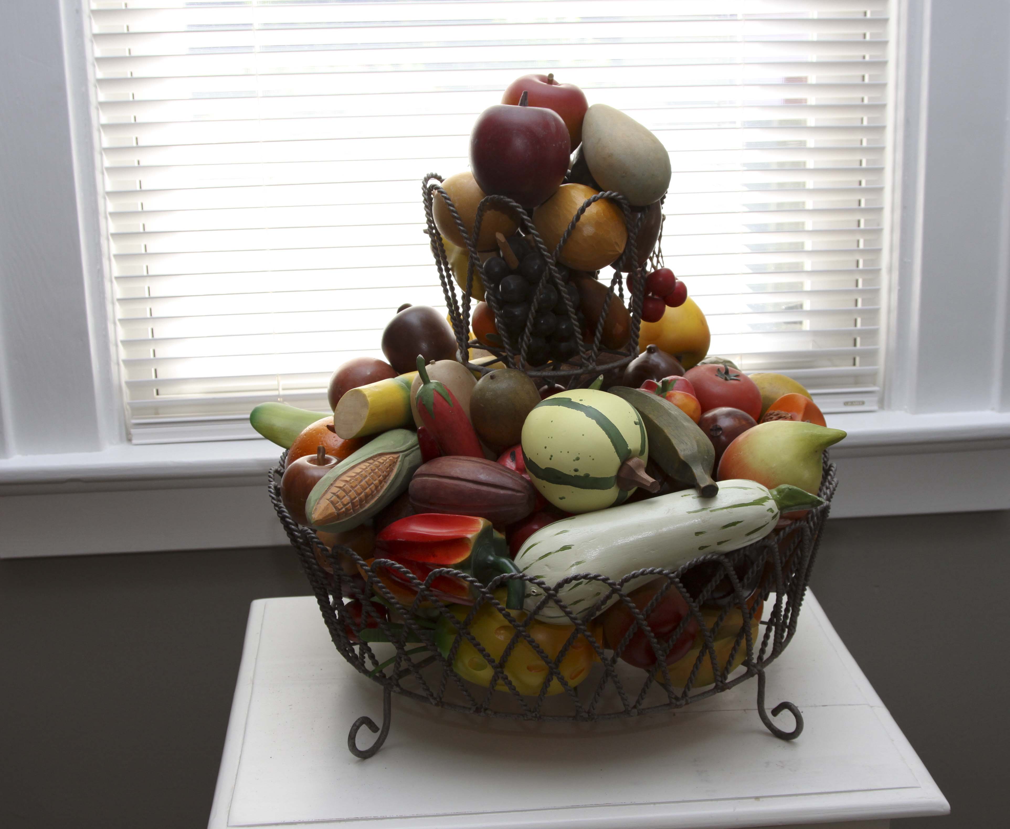 Vintage Metal Wire 2-Tiered Basket with Faux Wood Fruit and Vegetables