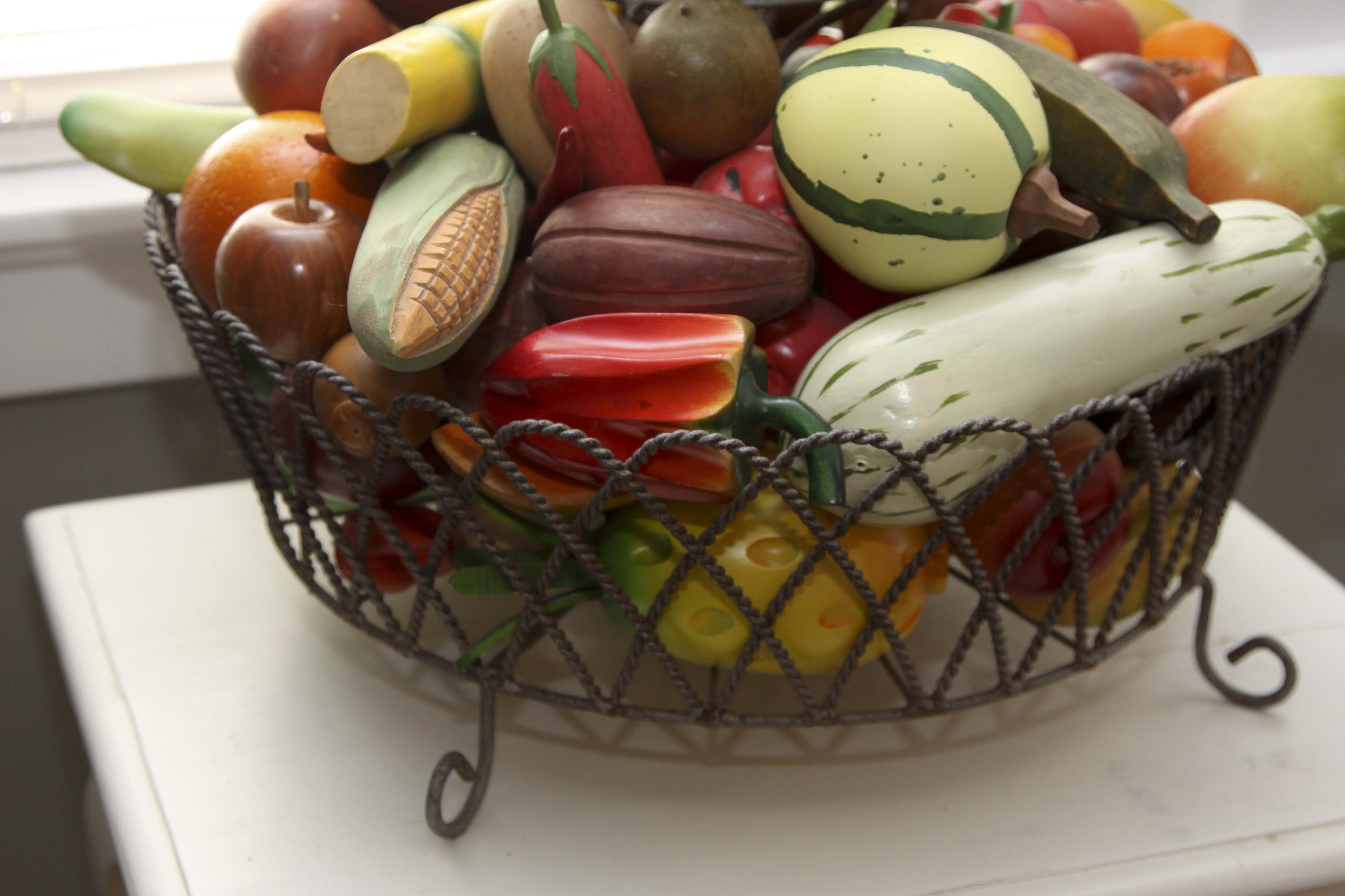 Vintage Metal Wire 2-Tiered Basket with Faux Wood Fruit and Vegetables