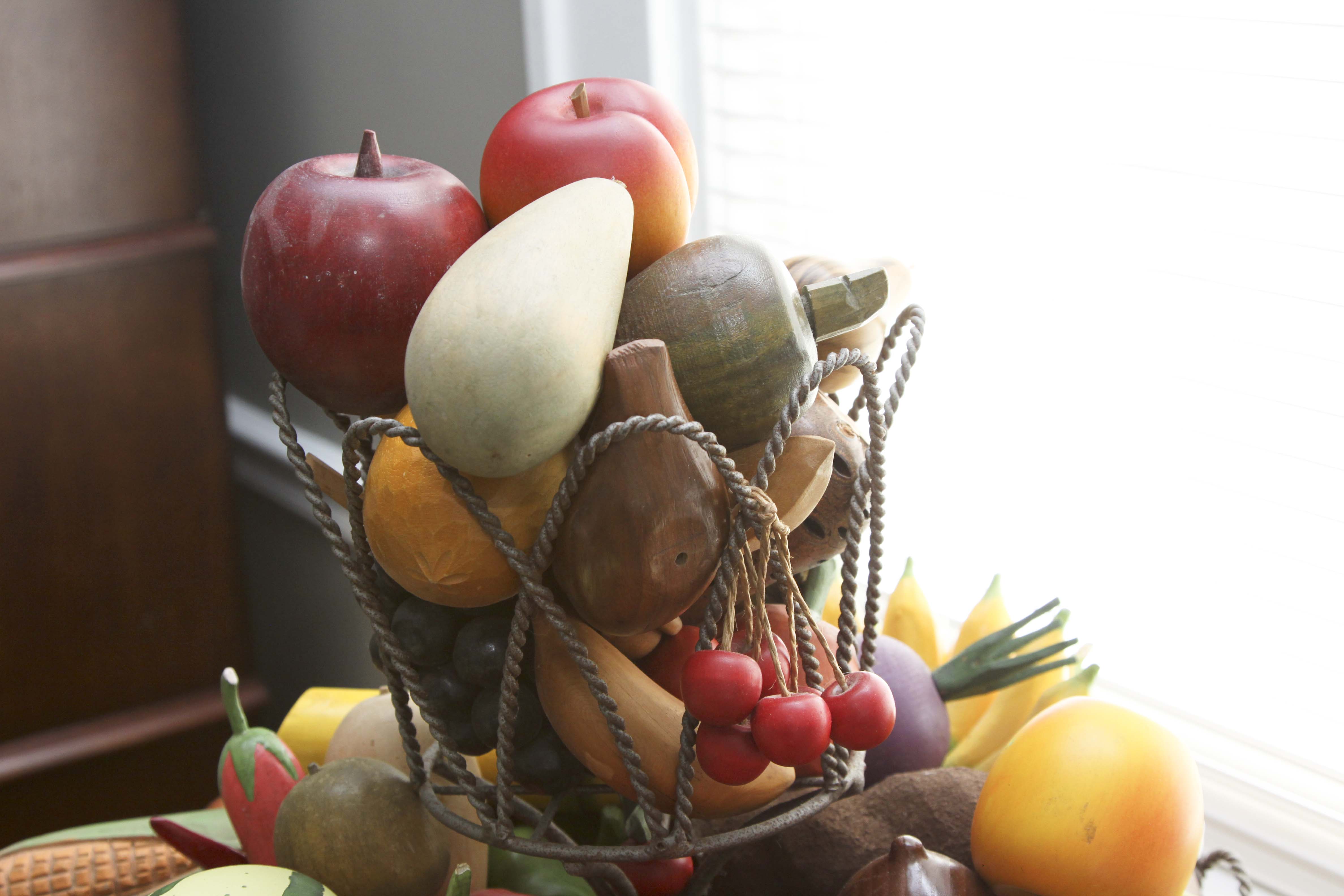 Vintage Metal Wire 2-Tiered Basket with Faux Wood Fruit and Vegetables