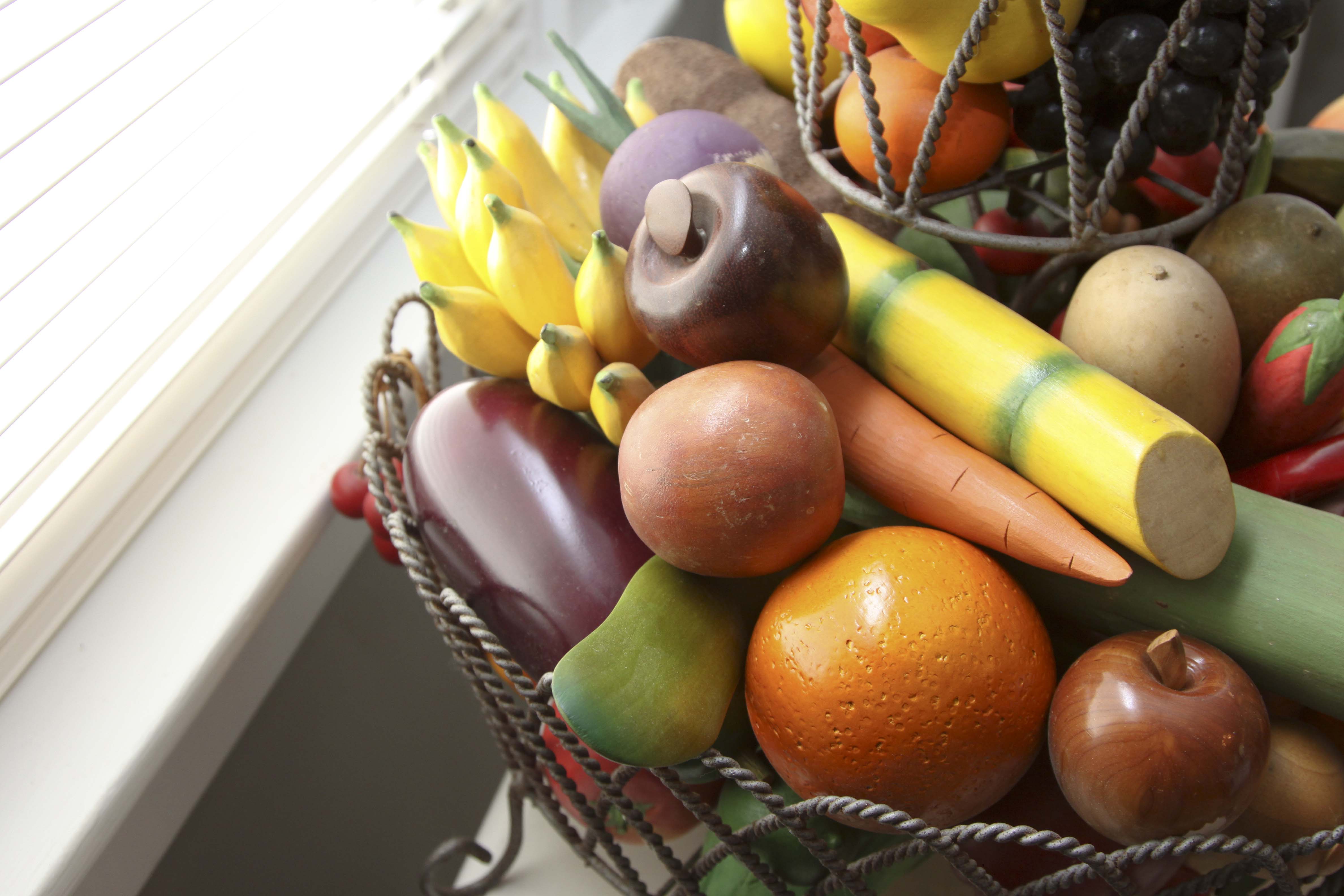 Vintage Metal Wire 2-Tiered Basket with Faux Wood Fruit and Vegetables