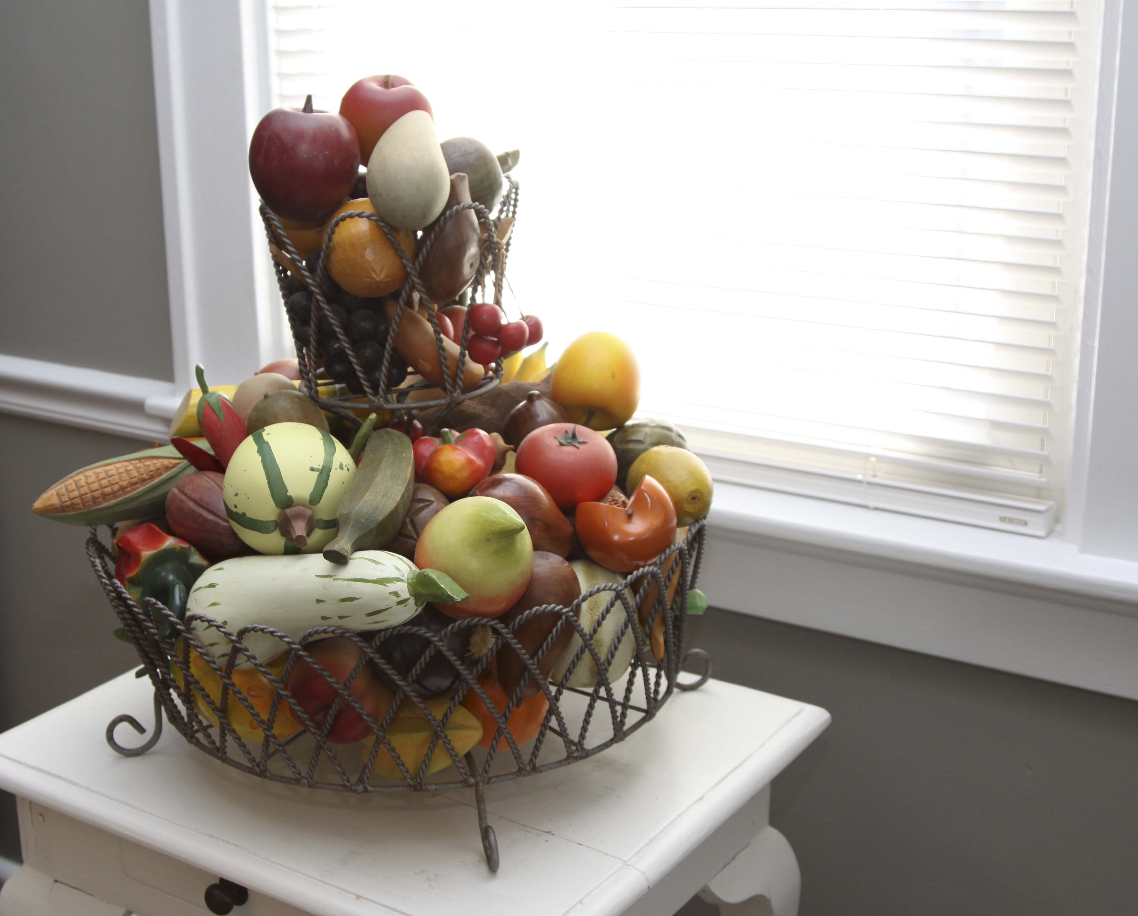 Vintage Metal Wire 2-Tiered Basket with Faux Wood Fruit and Vegetables