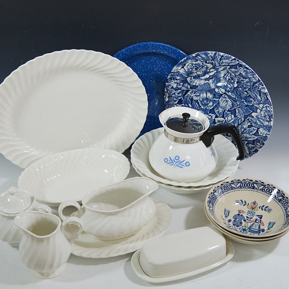 Blue and White China and Corning Ware Coffee Pot