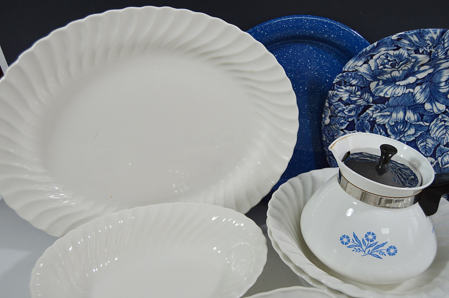 Blue and White China and Corning Ware Coffee Pot