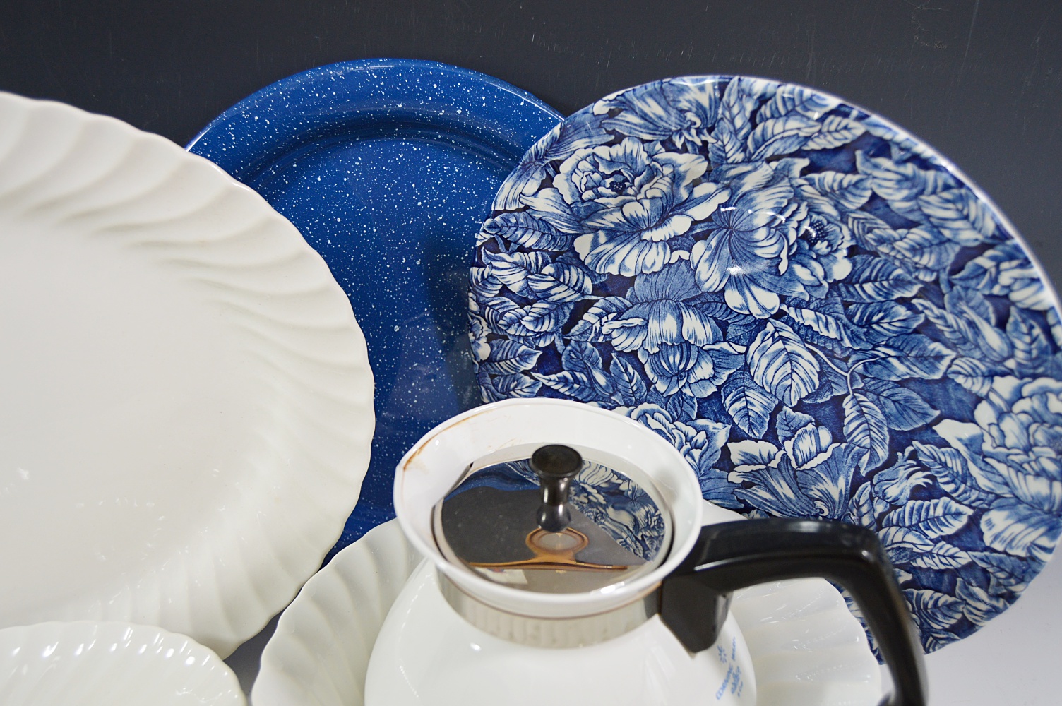 Blue and White China and Corning Ware Coffee Pot