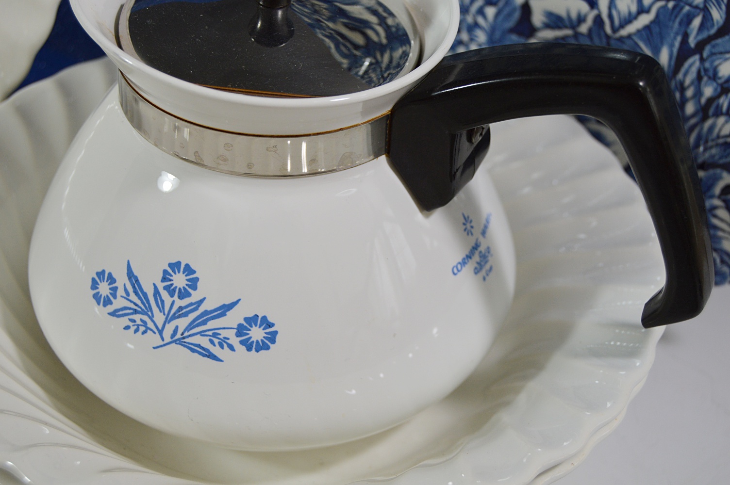 Blue and White China and Corning Ware Coffee Pot