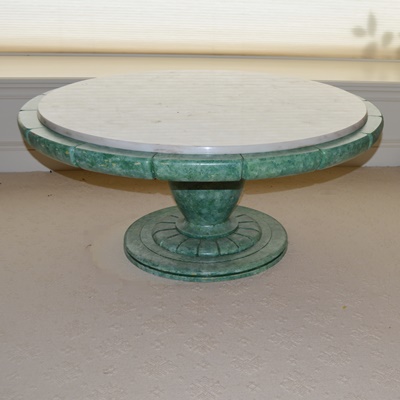 Round Marble and Green Wood Coffee Table