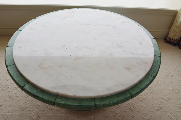 Round Marble and Green Wood Coffee Table