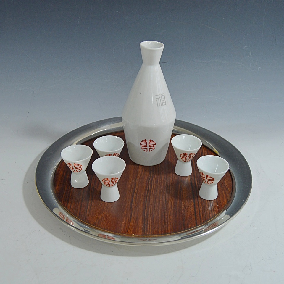 Japanese Porcelain Sake Set and Wood Grain + Pewter Serving Tray