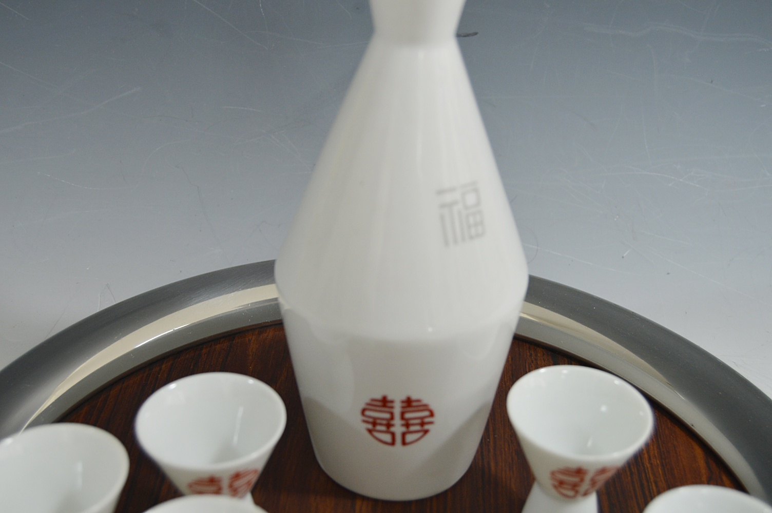 Japanese Porcelain Sake Set and Wood Grain + Pewter Serving Tray