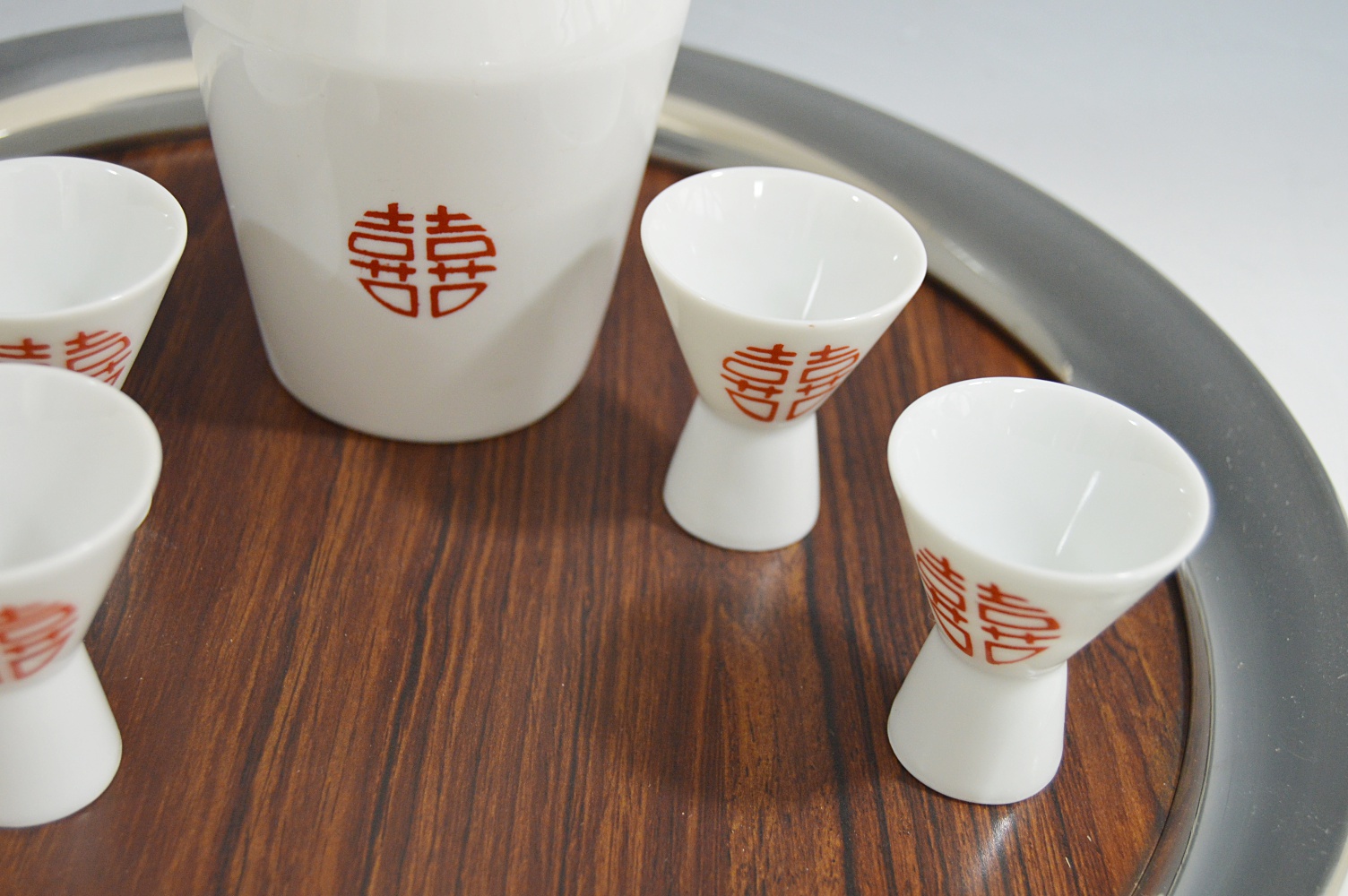 Japanese Porcelain Sake Set and Wood Grain + Pewter Serving Tray